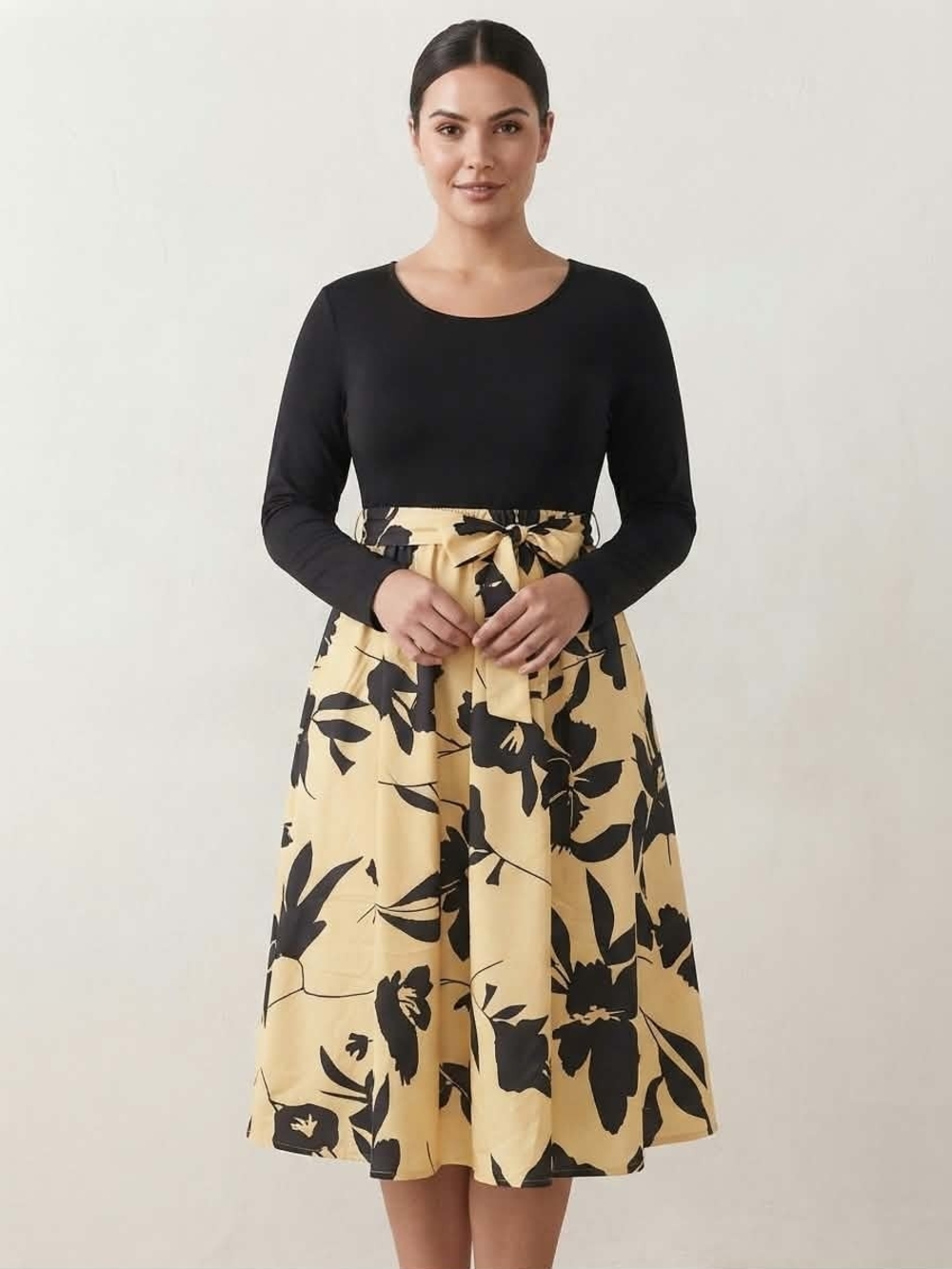 Black & Yellow Floral Two-Piece Style Midi Dress Long Sleeve Large L